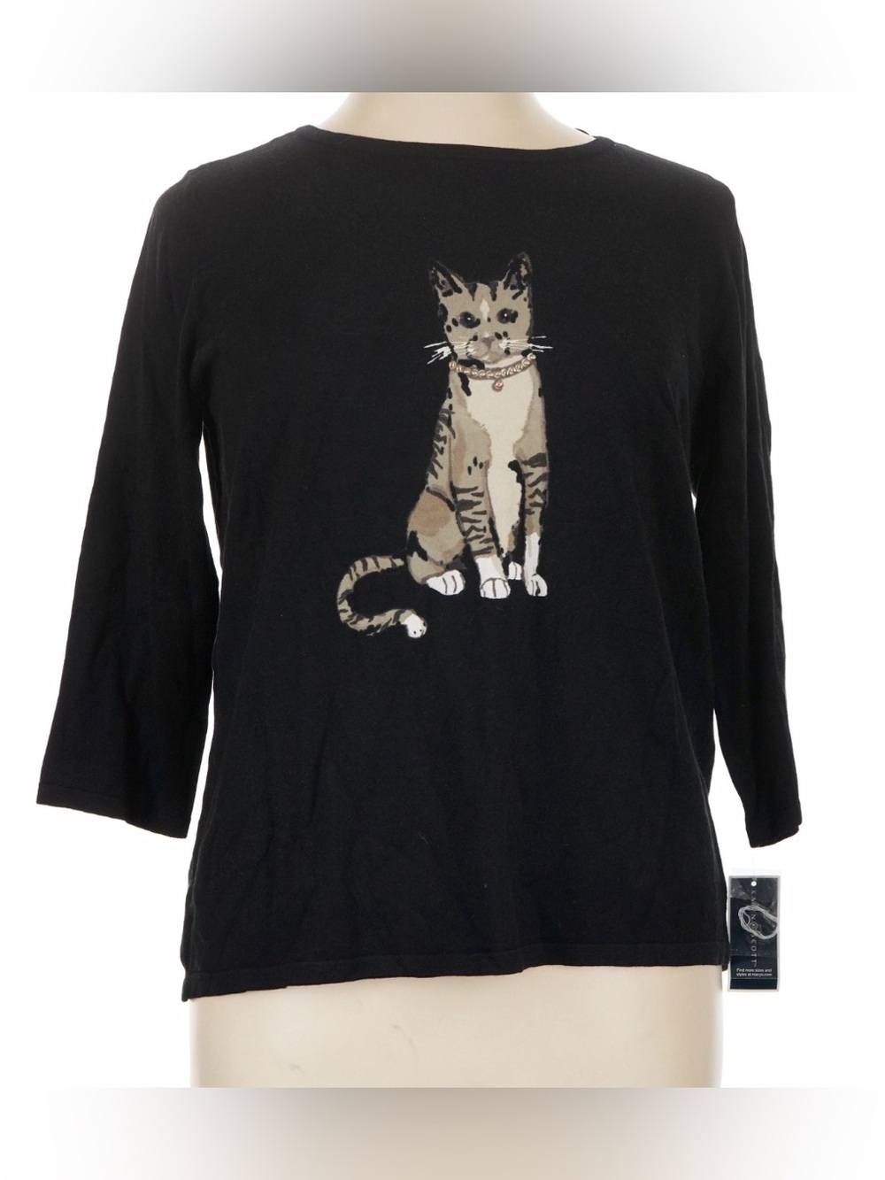 Karen Scott Black Sweater with Tan & White Cat Motif